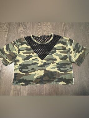 Forever 21 Camo Crop Top with Black Mesh Insert